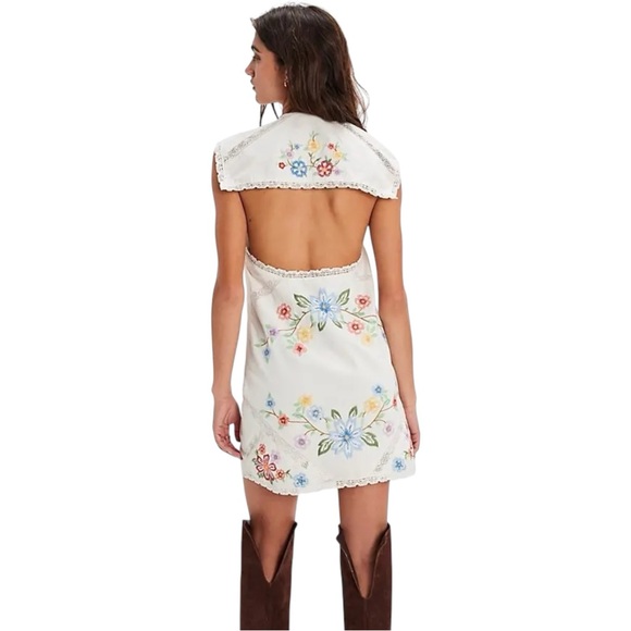 NWT FREE PEOPLE Willow Embroidered Open Back White Cottagecore Mini Dress Small - Picture 5 of 9